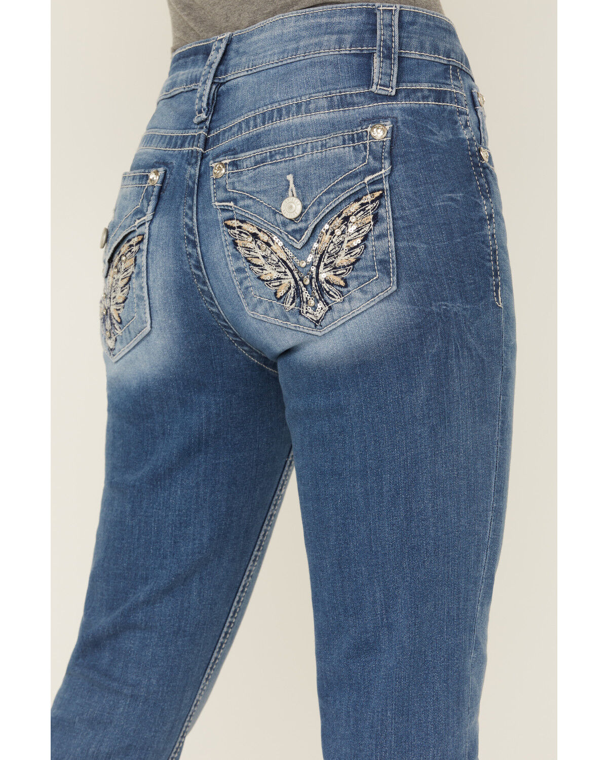 Image #4 - Shyanne Mid Rise Medium Wash Bootcut Wing Faux Flap Stretch Denim Jeans, Medium Wash, hi-res