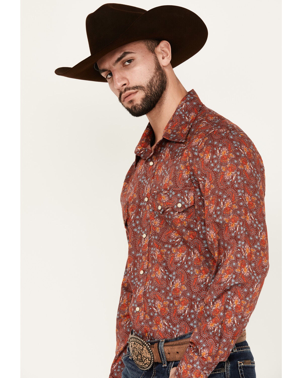 rock and roll mens dress shirts Rock & Roll Cowboy Men's Caribbean Blue Paisley Modern Fit Pearl Snap Long  Sleeve Western Shirt BMN2S07155