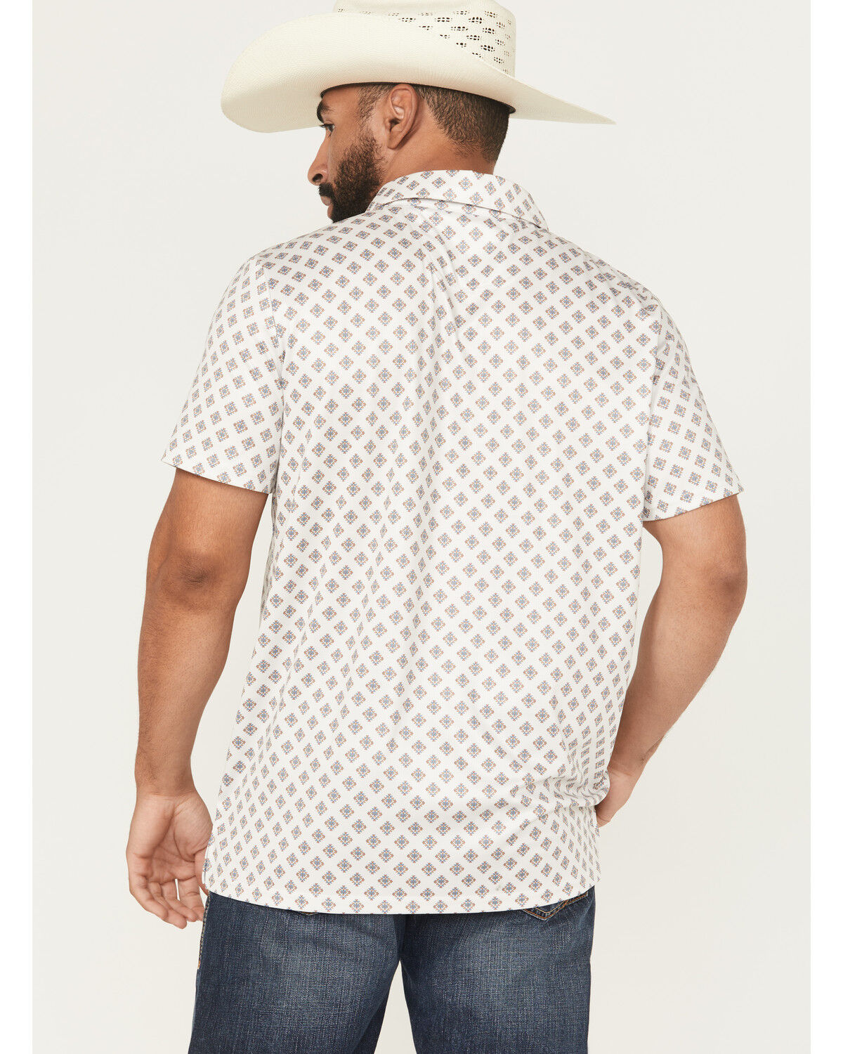 Image #4 - Rock & Roll Denim Men's Geo Print Short Sleeve Button-Down Stretch Polo Shirt, Natural, hi-res