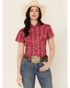 Rough Stock By Panhandle Women's Paisley Southwestern Stripe Short Sleeve Snap Western Shirt , Red, hi-res