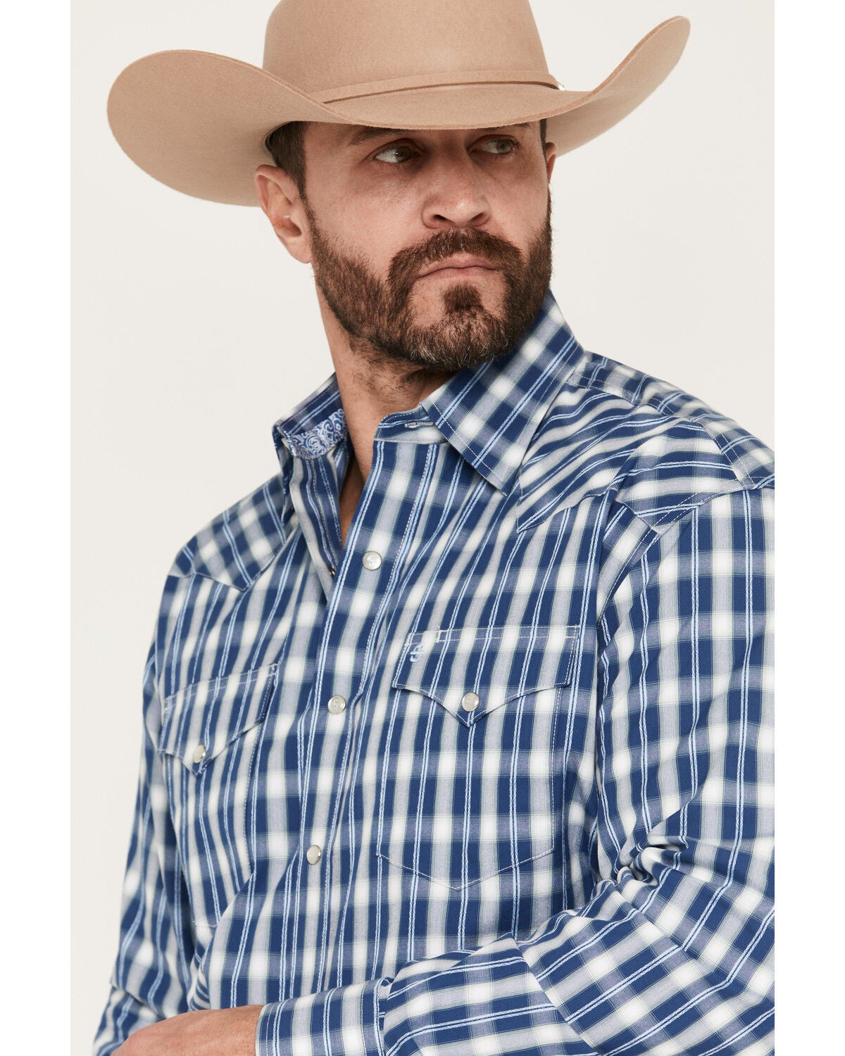 Image #2 - Stetson Men's Dobby Plaid Print Long Sleeve Snap Western Shirt, Blue, hi-res