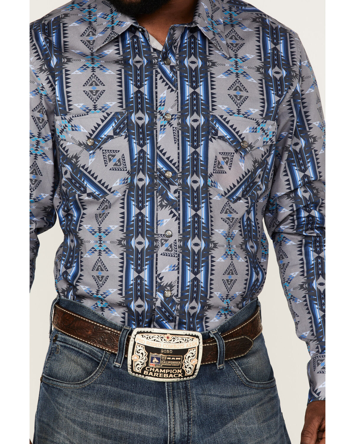 Image #3 - Rock & Roll Denim Men's Vertical Southwestern Stripe Long Sleeve Snap Western Shirt, Blue, hi-res