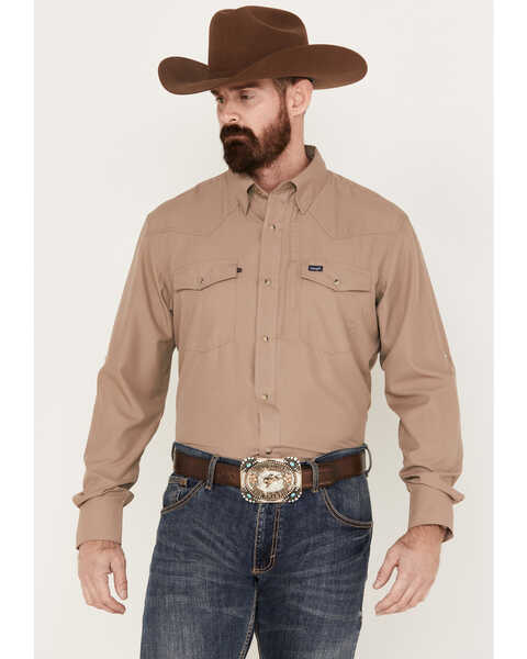 Wrangler Men's Solid Performance Long Sleeve Snap Western Shirt, Tan, hi-res