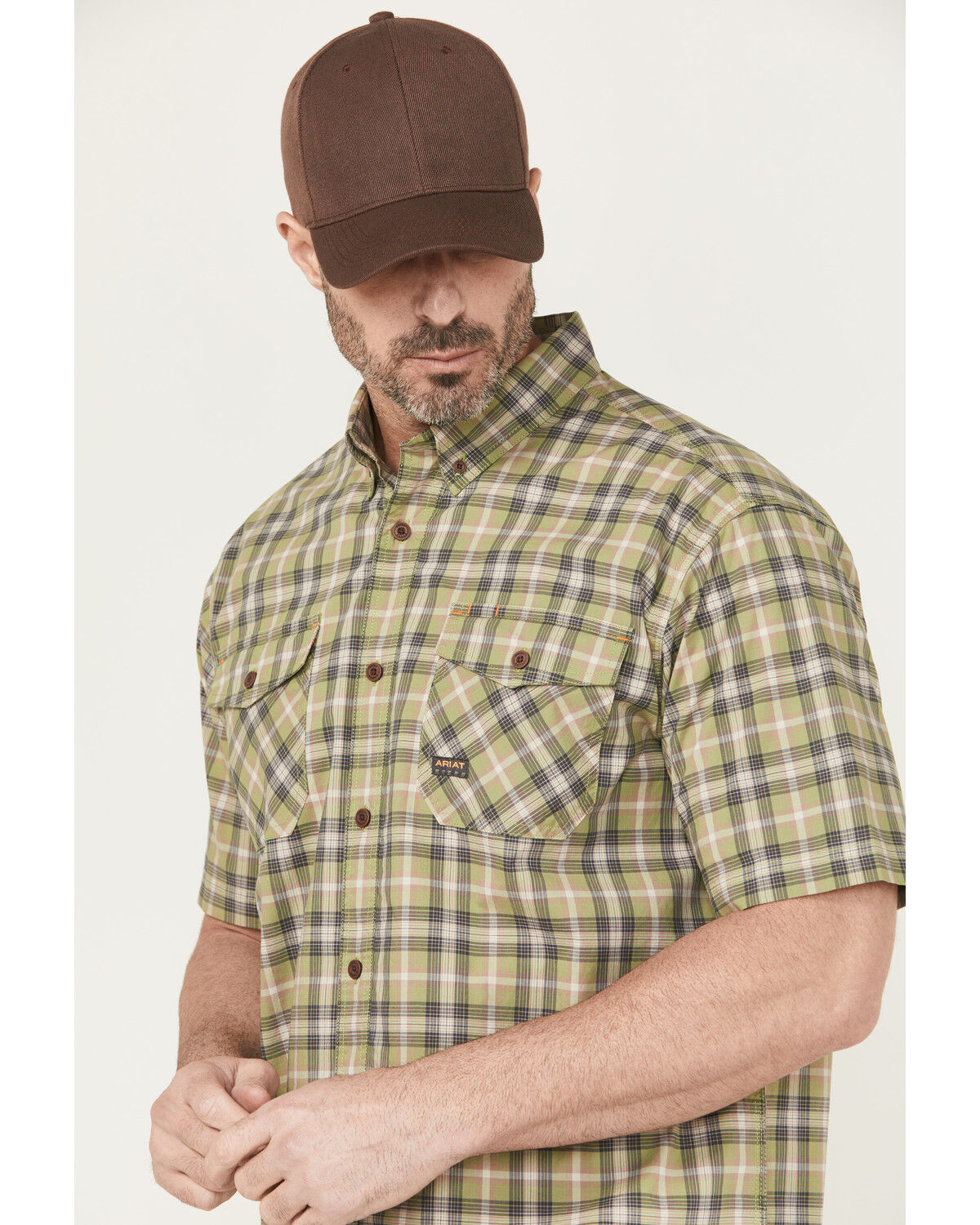 Image #2 - Ariat Men's Rebar Made Tough Short Plaid Print Sleeve Button-Down Stretch Work Shirt, Beige, hi-res