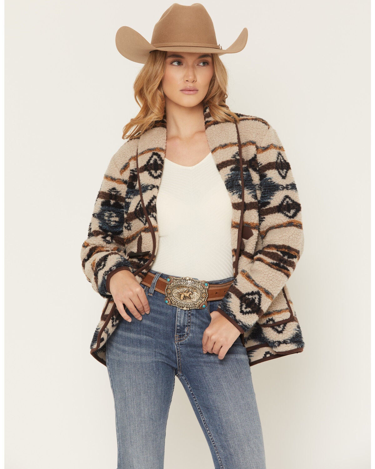 Shyanne Women's Southwestern Print Sherpa Cardigan, Oatmeal, hi-res