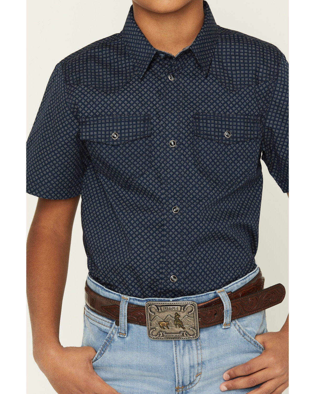 Image #3 - Cody James Boys' Tripp Geo Print Short Sleeve Snap Western Shirt, Navy, hi-res