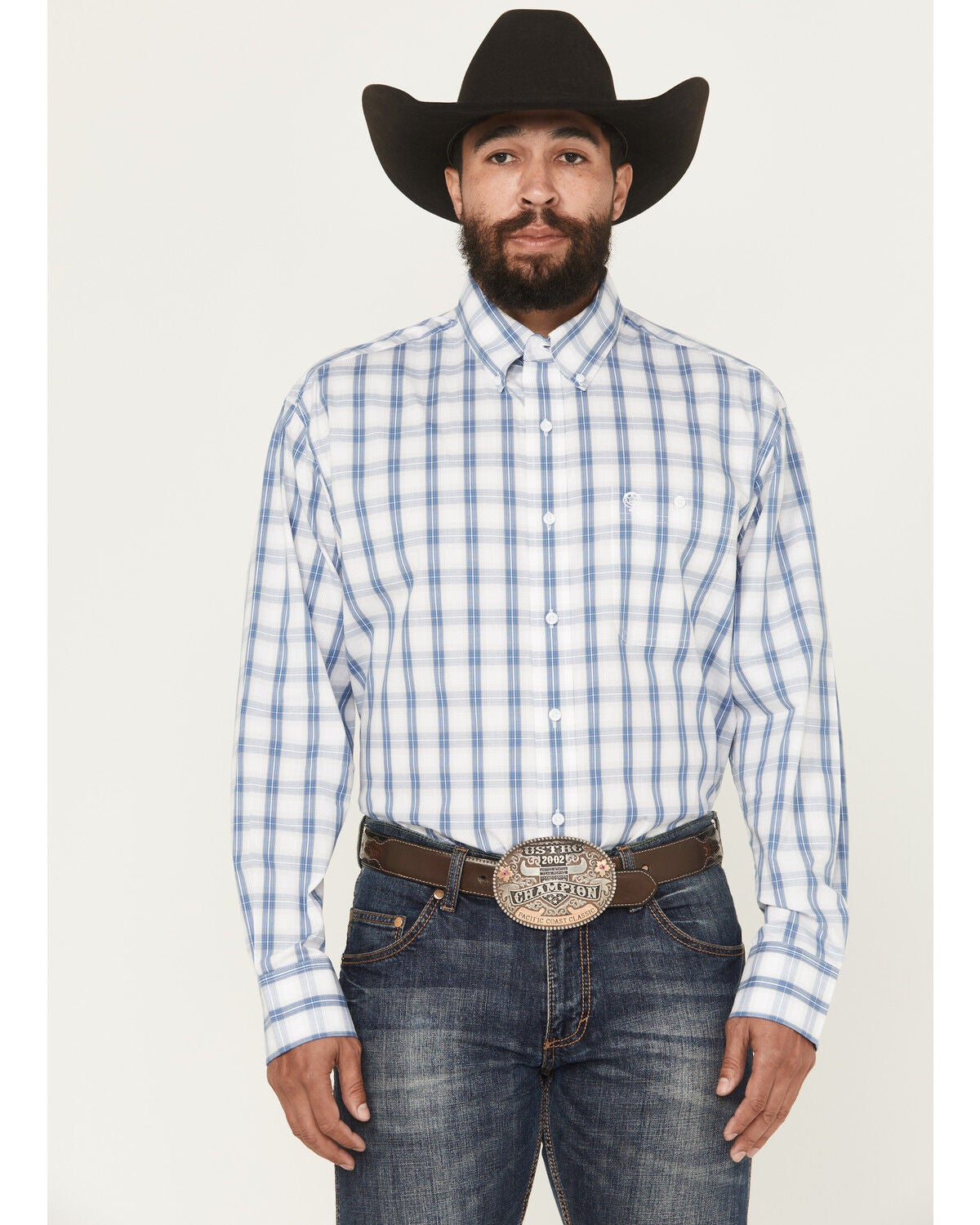 George Strait by Wrangler Men's Plaid Print Long Sleeve Button-Down Stretch Western Shirt, White, hi-res