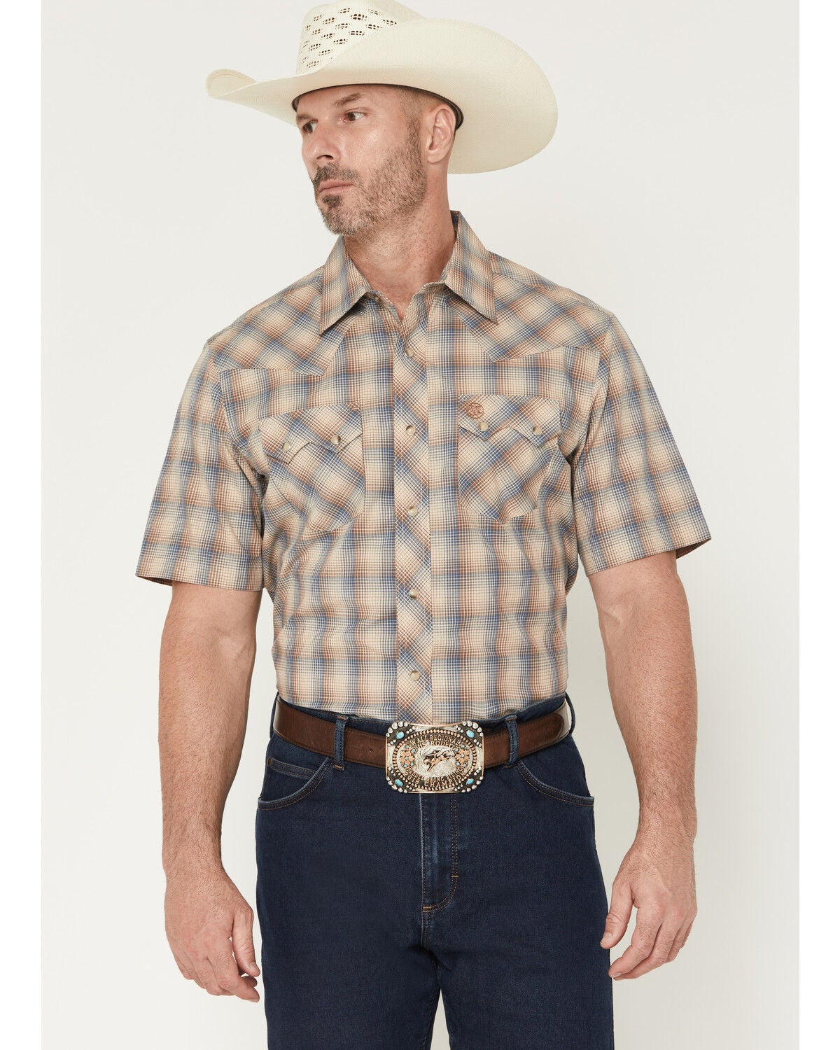 Wrangler Retro Men's Plaid Print Short Sleeve Snap Western Shirt, Brown, hi-res