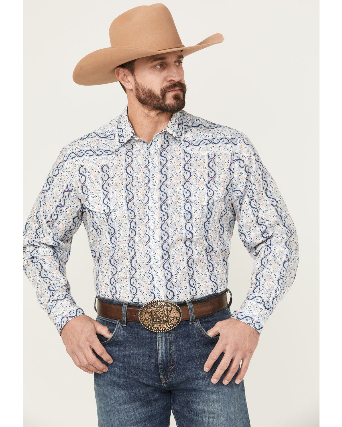 Image #1 - Roper Men's Wallpaper Floral Print Short Sleeve Snap Stretch Western Shirt, Blue, hi-res