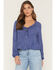 Image #1 - Wild Moss Women's Button-Front Embroidered Long Sleeve Peasant Top, Blue, hi-res