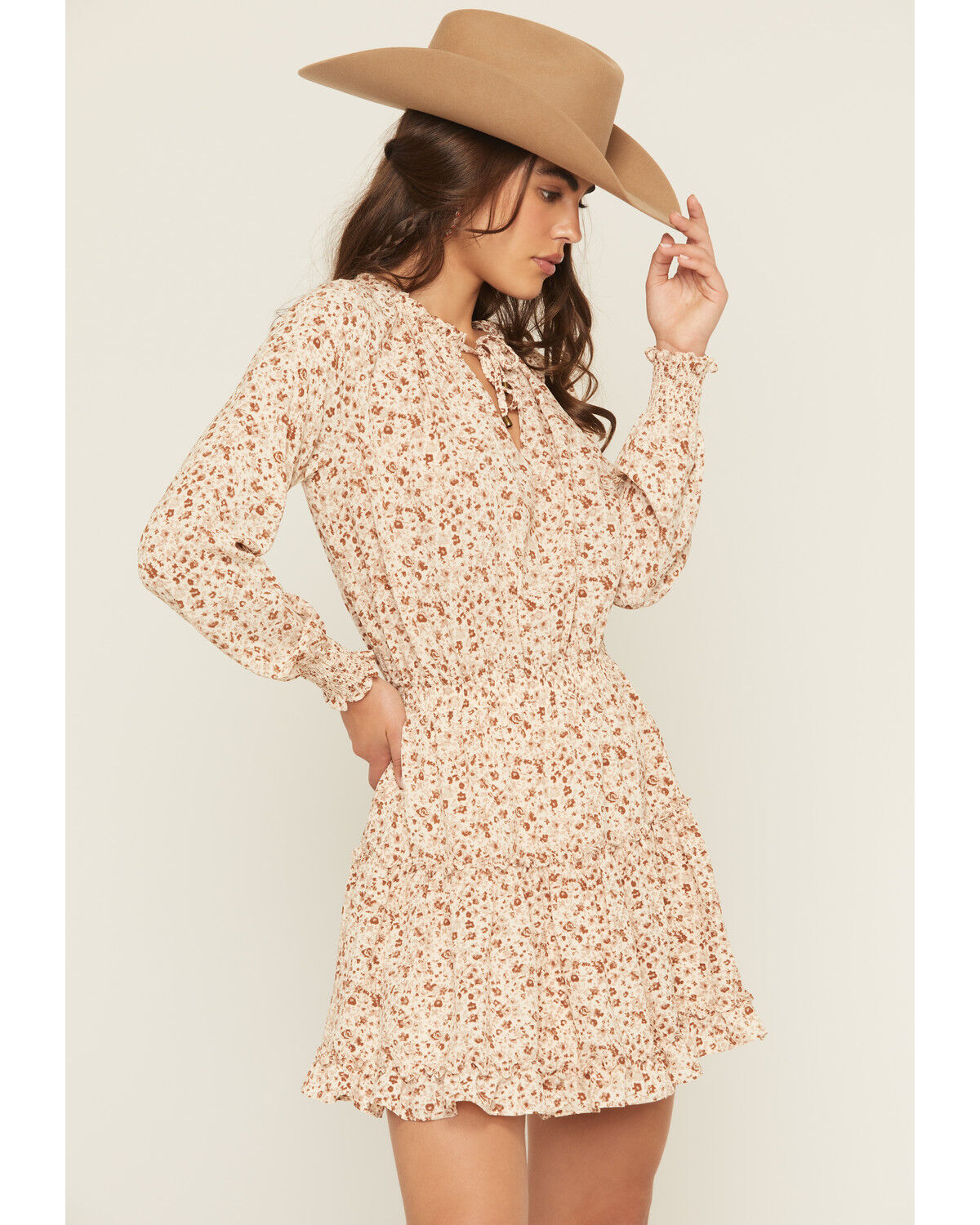 Image #2 - Yura Women's Floral Print Long Sleeve Smocked Mini Dress, Cream, hi-res