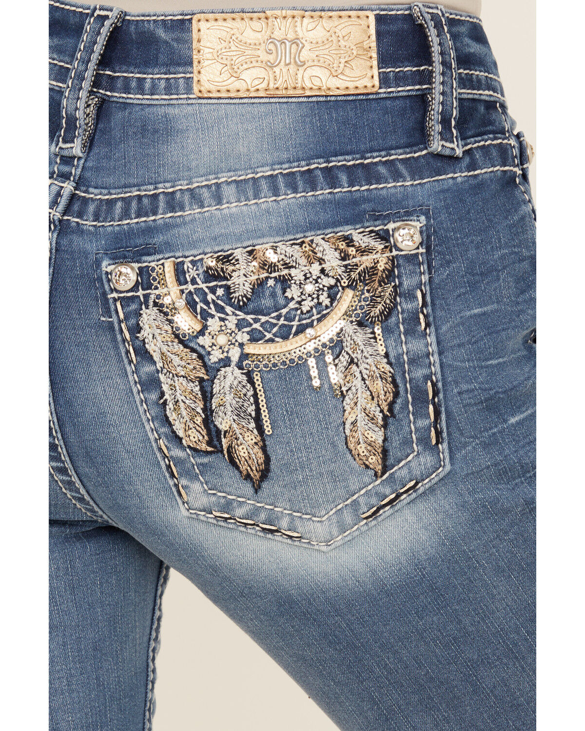 Image #2 - Miss Me Women's Dark Wash Mid Rise Dream Catcher Pocket Bootcut Stretch Denim Jeans, Dark Wash, hi-res