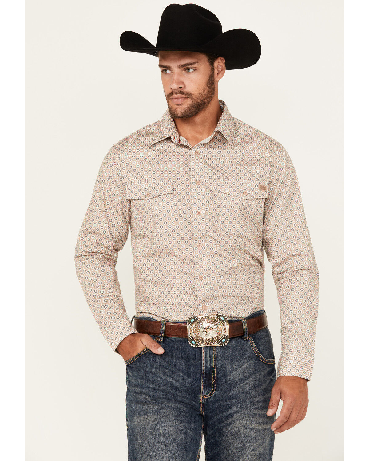 Image #1 - Justin Men's Boot Barn Exclusive Geo Print Long Sleeve Button-Down Stretch Western Shirt, Light Grey, hi-res