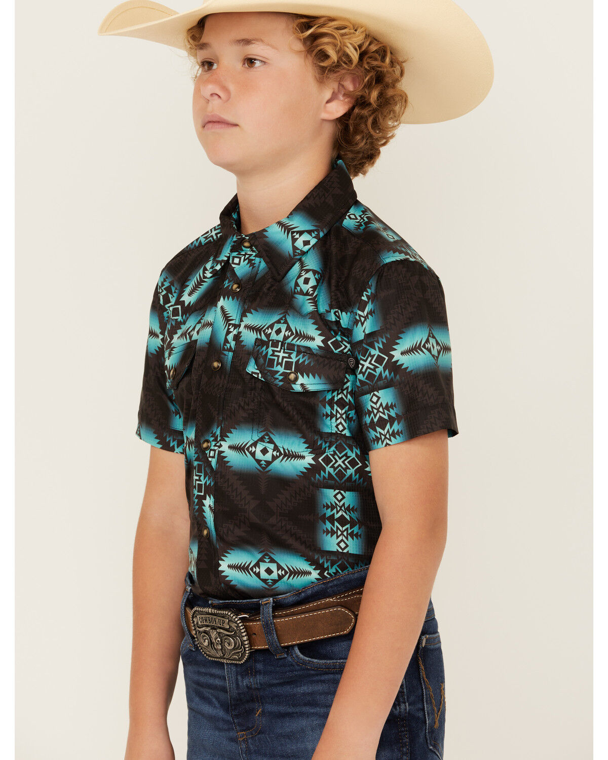 Image #2 - Rock & Roll Denim Boys' Southwestern Print Moisture Wicking Short Sleeve Snap Western Shirt, Teal, hi-res