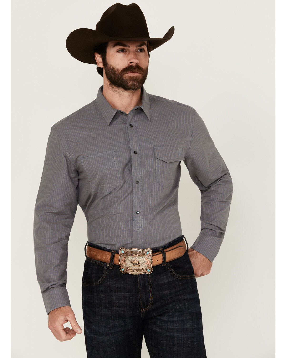 Image #1 - Blue Ranchwear Men's Grayson Striped Long Sleeve Pearl Snap Western Shirt, Indigo, hi-res