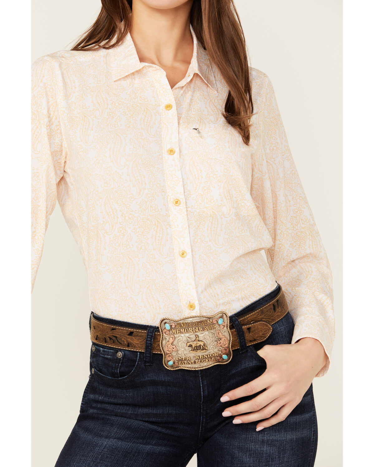 Image #3 - Ariat Women's Paisley Print VentTek Stretch Long Sleeve Button-Down Western Shirt, Yellow, hi-res