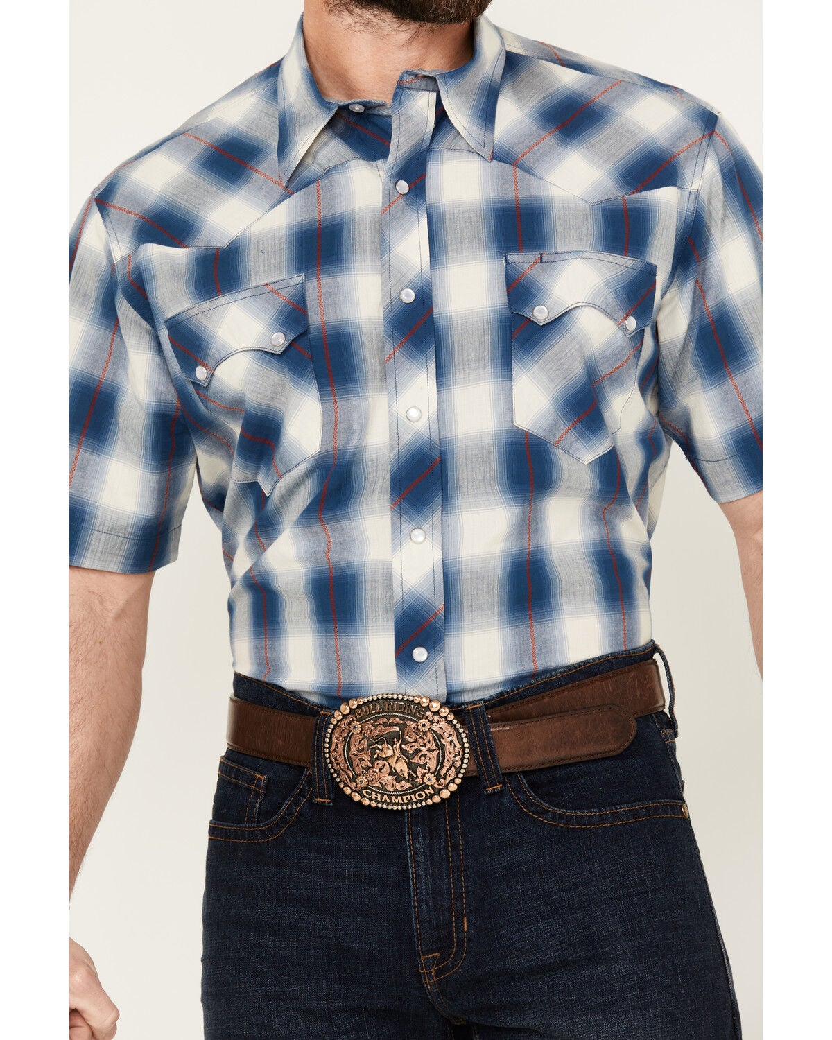 Image #3 - Roper Men's West Made Plaid Print Short Sleeve Snap Western Shirt, Blue, hi-res