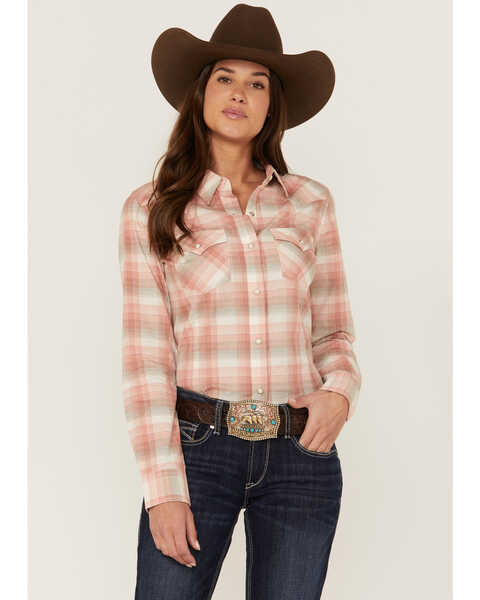 Wrangler Women's Plaid Print Long Sleeve Western Shirt, Blush, hi-res