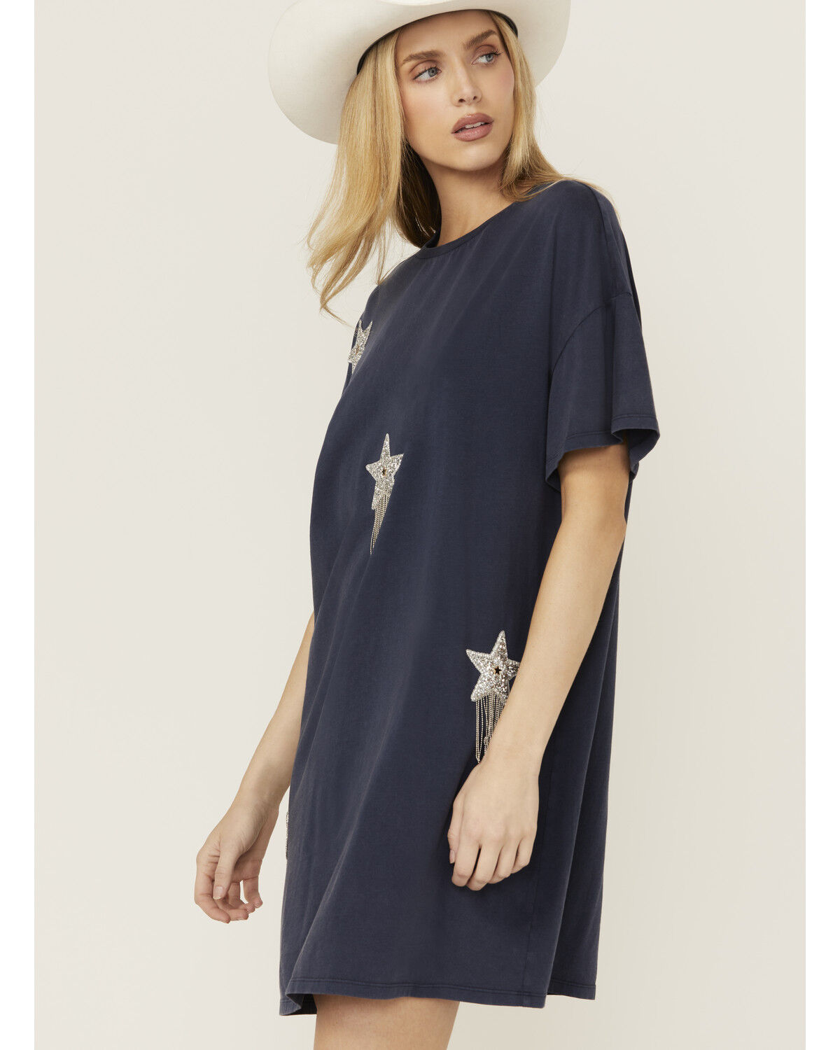 Image #2 - Rock & Roll Denim Women's Sequins Star Short Sleeve T-Shirt Mini Dress, Blue, hi-res