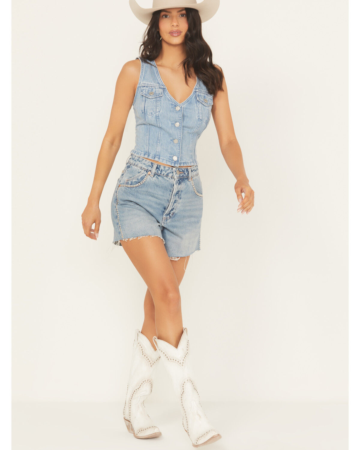 Image #1 - Rolla's X AC/DC Women's Medium Wash High Rise Studded Mirage Cut-Off Denim Shorts, Medium Wash, hi-res