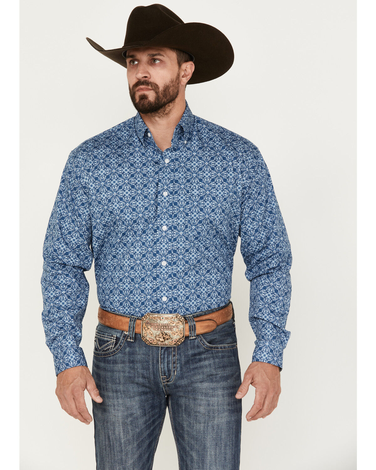 Image #1 - Stetson Men's Floral Long Sleeve Button Down Shirt, Blue, hi-res