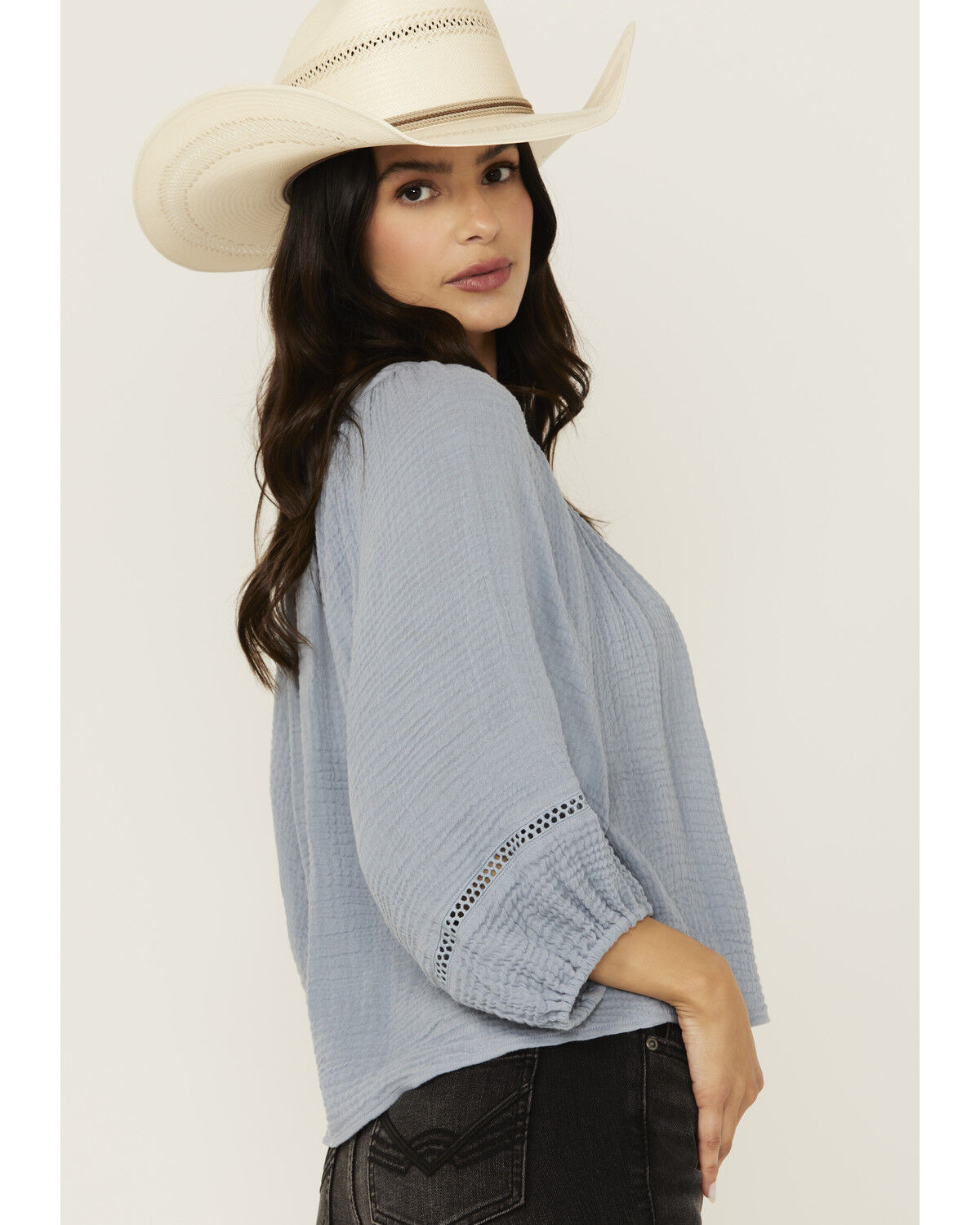 Image #2 - Cleo + Wolf Women's Brie Crochet Trim Long Sleeve Shirt, Light Blue, hi-res