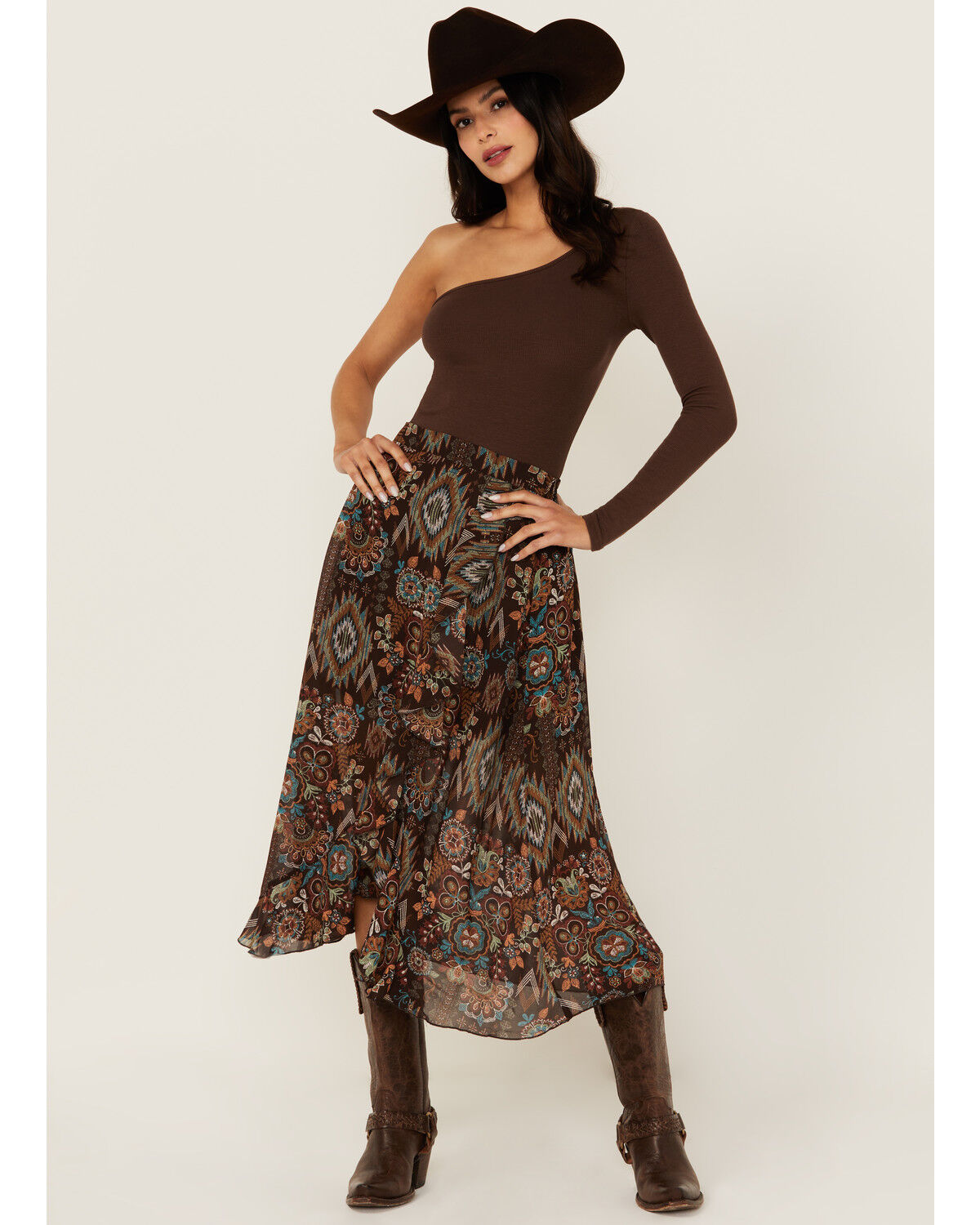 Image #1 - Shyanne Women's Printed Ruffle Midi Skirt, Dark Brown, hi-res