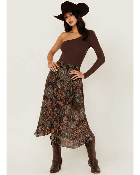 Shyanne Women's Printed Ruffle Midi Skirt , Dark Brown, hi-res