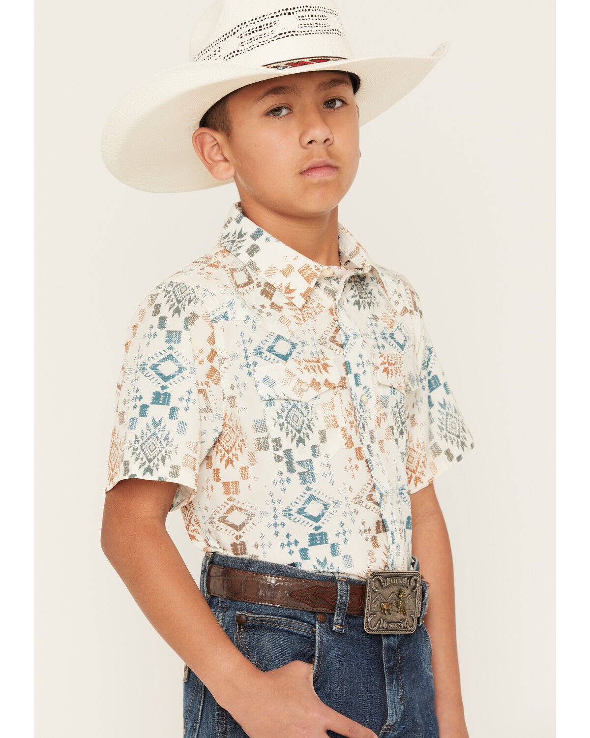 Image #2 - RANK 45&reg; Boys' Everglades 2.0 Southwestern Print Short Sleeve Snap Stretch Western Shirt, Ivory, hi-res