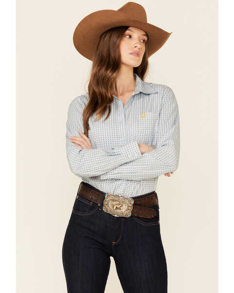 Image #1 - Cinch Women's ARENAFLEX Geo Print Long Sleeve Button Down Western Core Shirt , Light Blue, hi-res