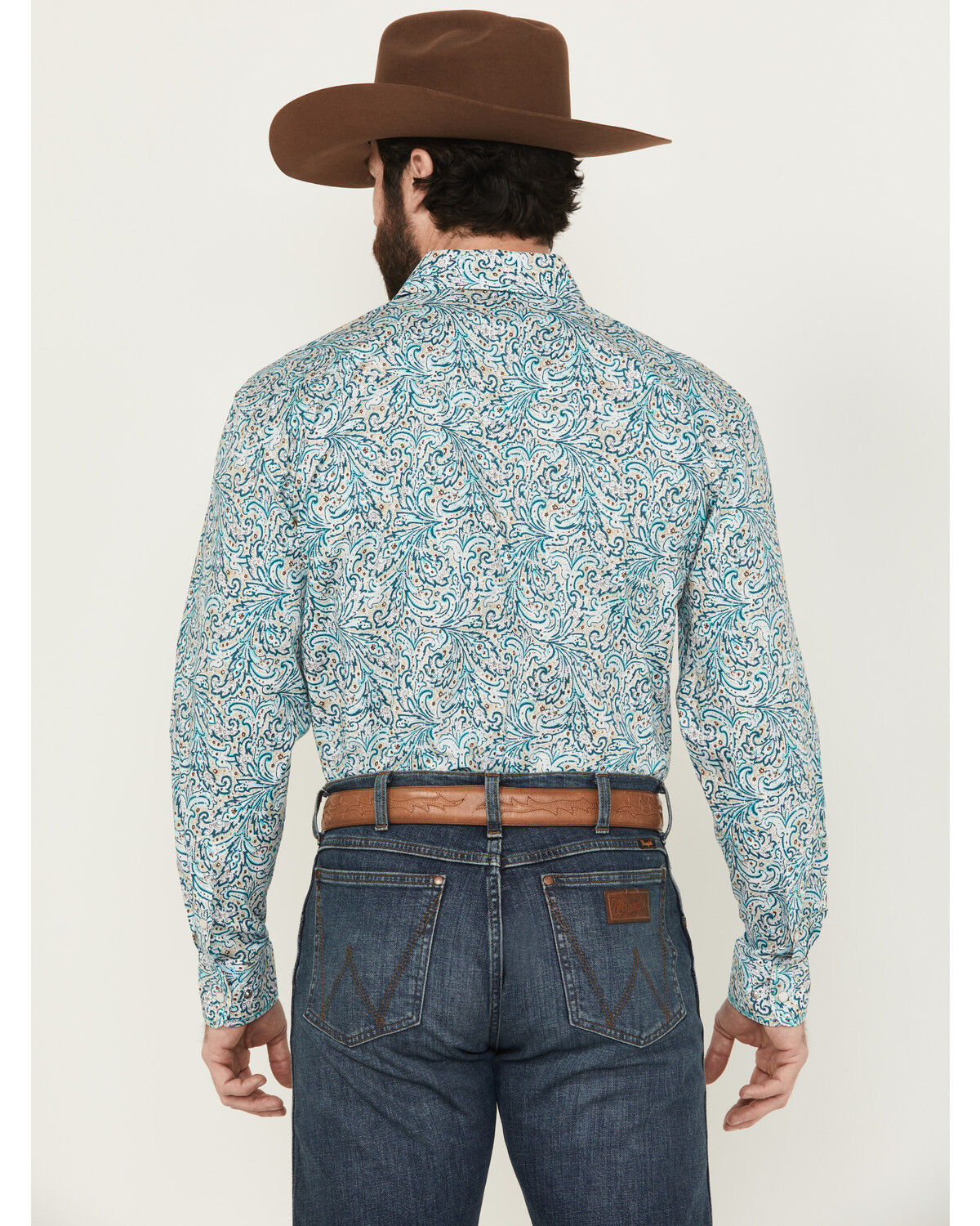 Image #4 - Panhandle Men's Paisley Print Long Sleeved Pearl Snap Western Shirt, Turquoise, hi-res