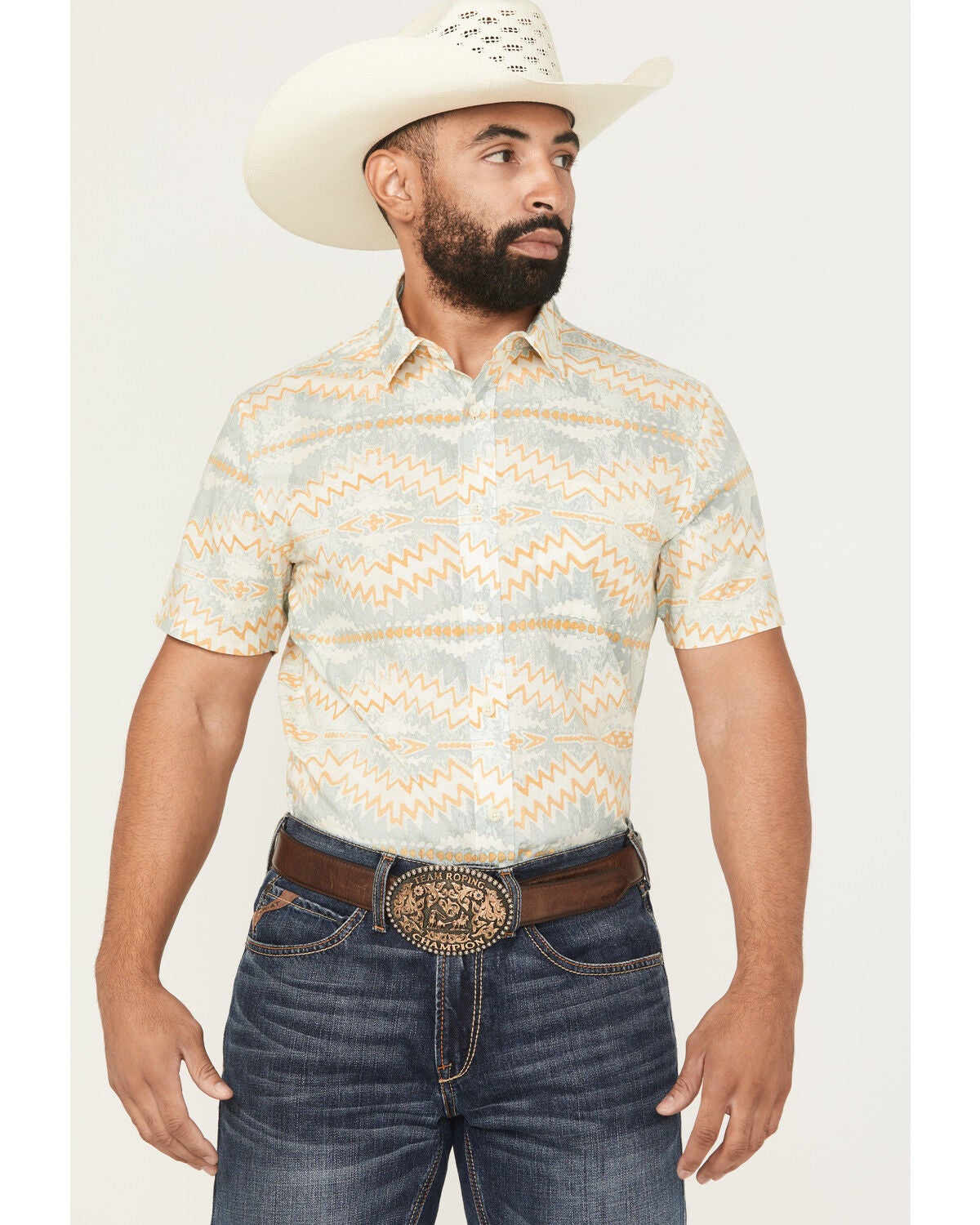 Pendleton Men's Shoreline Printed Short Sleeve Button-Down Western Shirt, Blue, hi-res