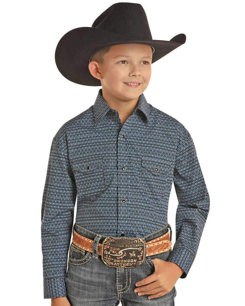 Panhandle Select Boys' Abstract Poplin Print Long Sleeve Western Shirt , Blue, hi-res