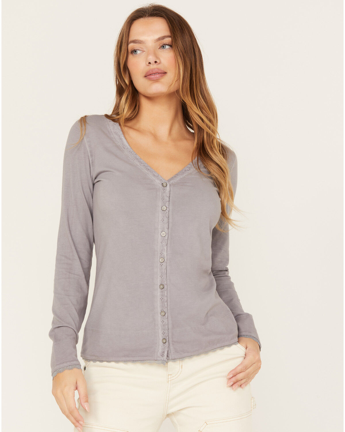 Image #1 - Cleo + Wolf Women's Acid Wash V-Neck Long Sleeve Top, Blue, hi-res
