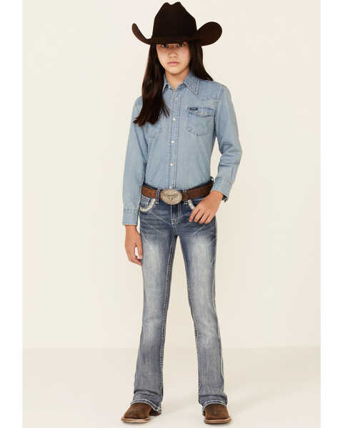 Grace In LA Girls' Medium Wash Dripping Southwestern Pocket Embroidered Bootcut Jeans , Medium Blue, hi-res