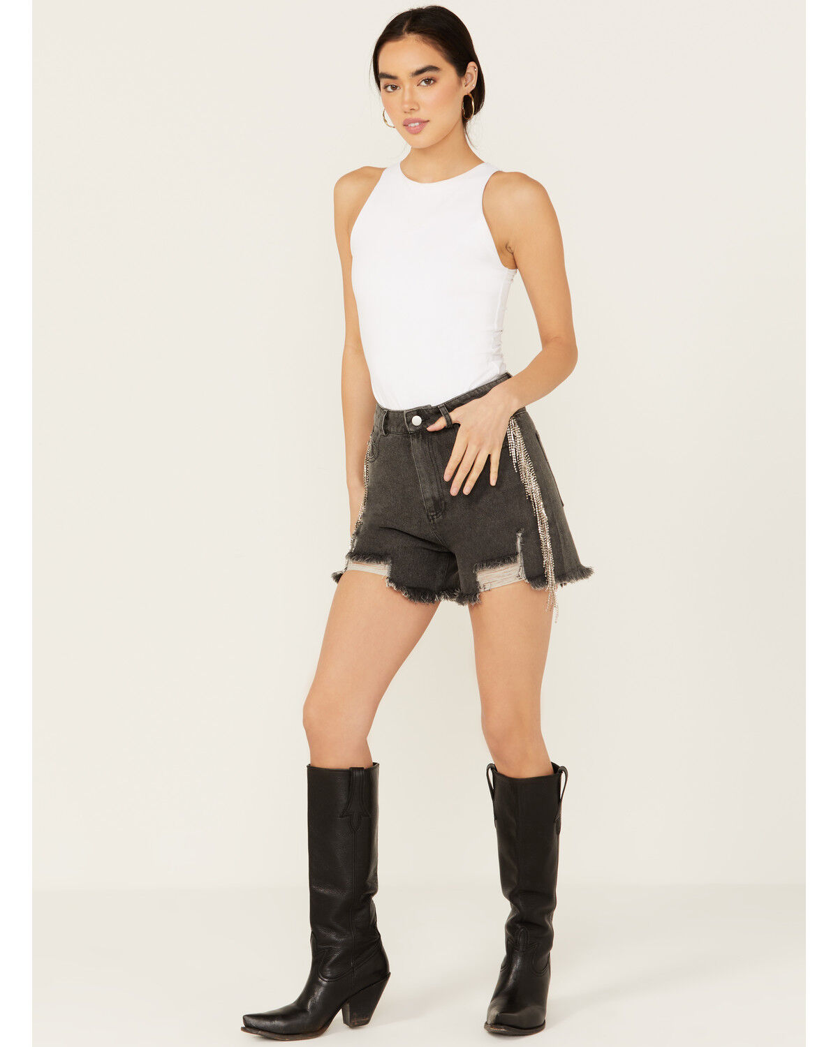 Image #1 - Blue B Women's High Rise Rhinestone Side Chain Fringe Denim Shorts, Charcoal, hi-res
