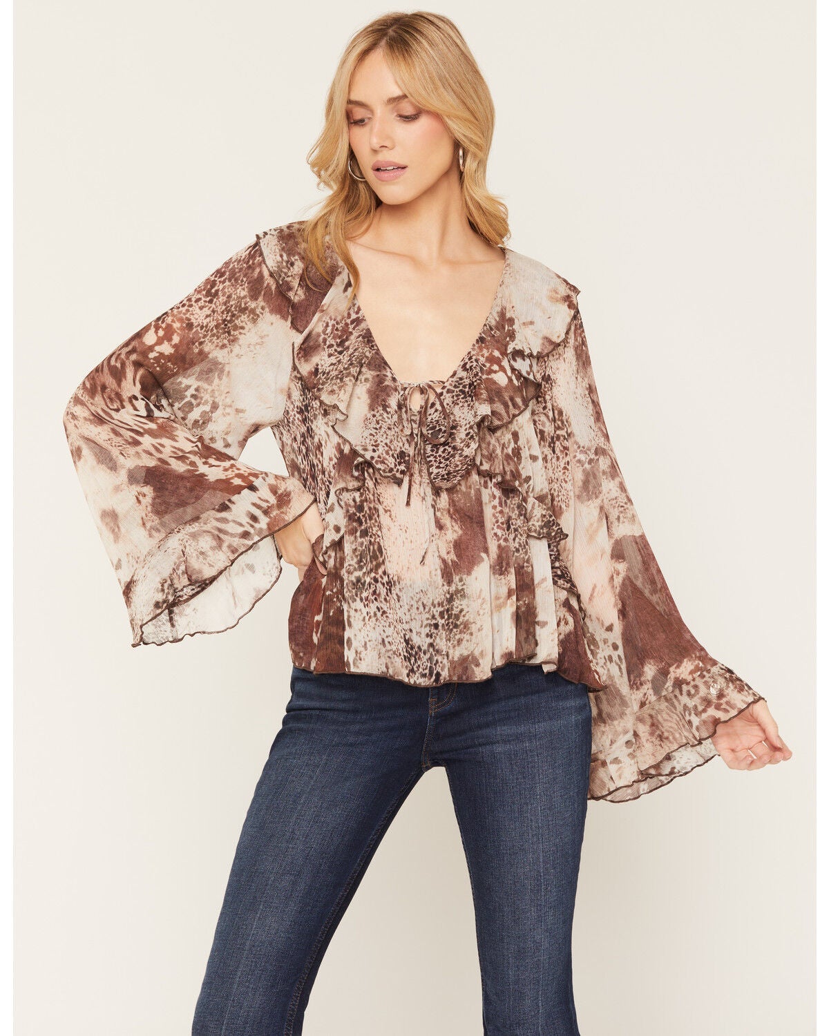 Shyanne Women's Randall Sheer Printed Ruffle Trim Top, Brown, hi-res