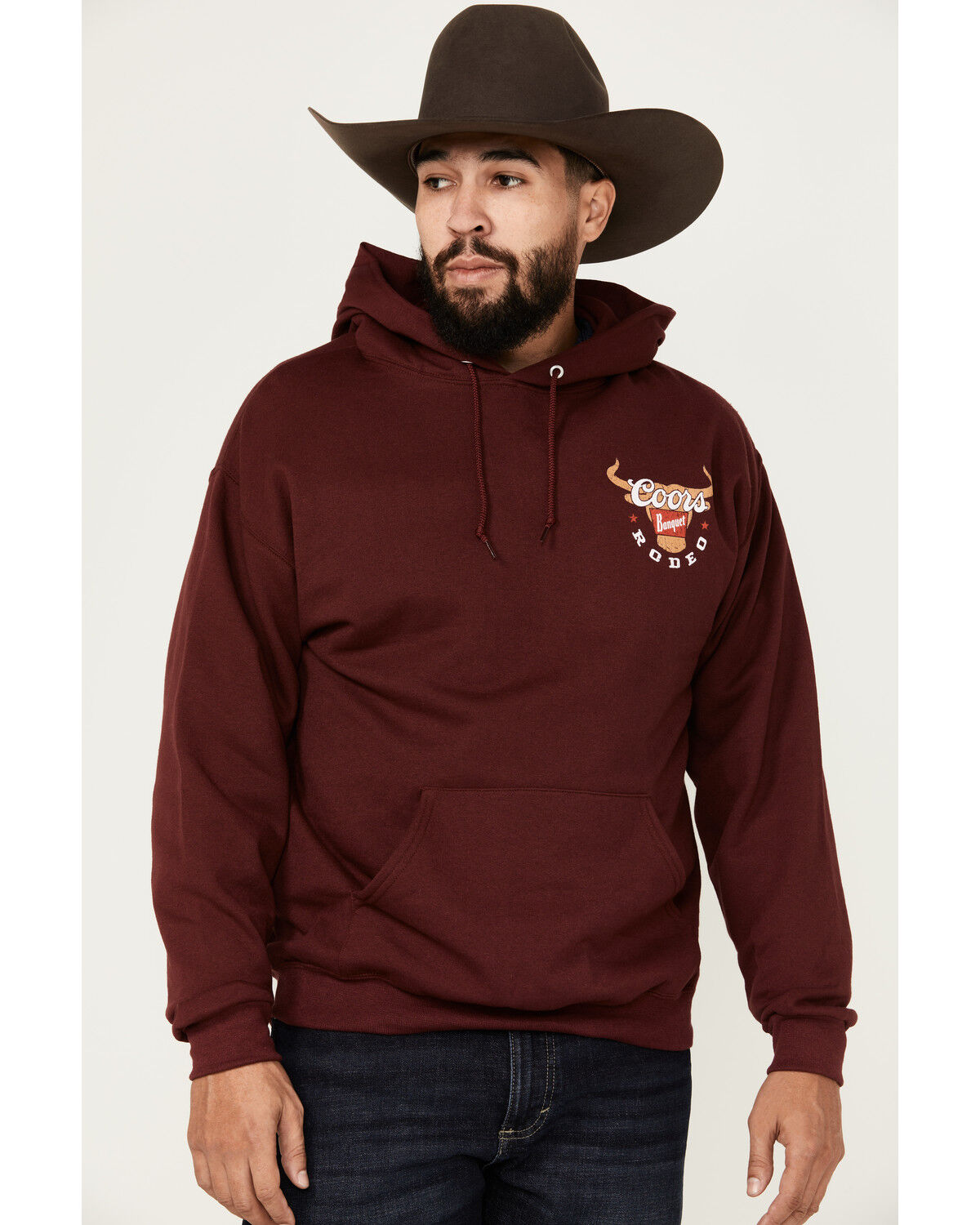 Image #1 - Coors Men's Boot Barn Exclusive Coors Banquet Logo Hooded Sweatshirt, Burgundy, hi-res