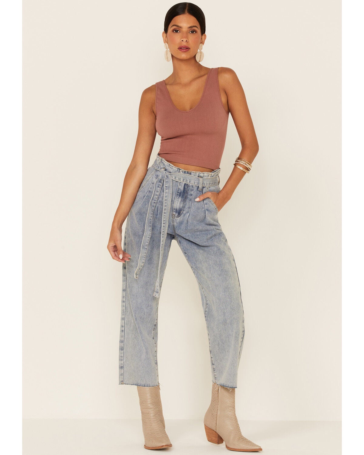 Wishlist Women's Acid Wash Tie Waist High Rise Jeans, Blue, hi-res