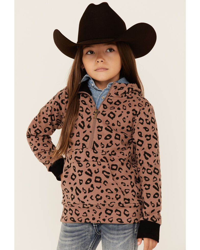 Ampersand Avenue Girls' Tan & Black Leopard Print 1/4 Zip Pullover , Tan, hi-res