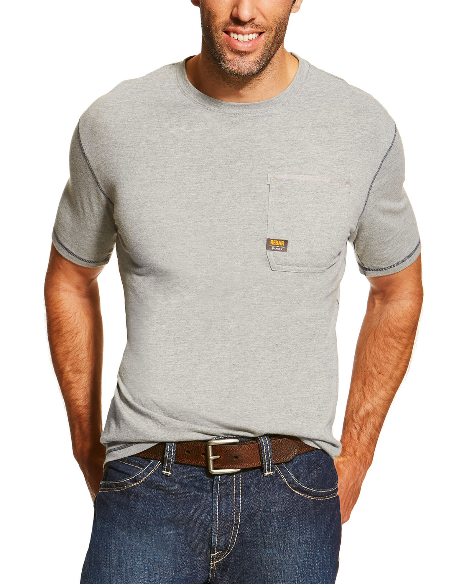 Image #1 - Ariat Men's Rebar Crew Short Sleeve Pocket Tee - Tall, Heather Grey, hi-res