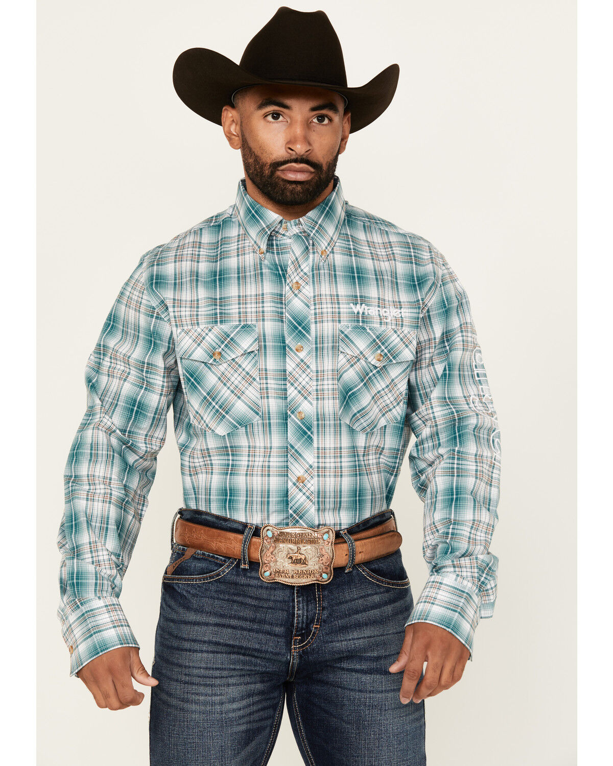 Image #1 - Wrangler Men's Plaid Print Logo Long Sleeve Button-Down Western Shirt, Green, hi-res