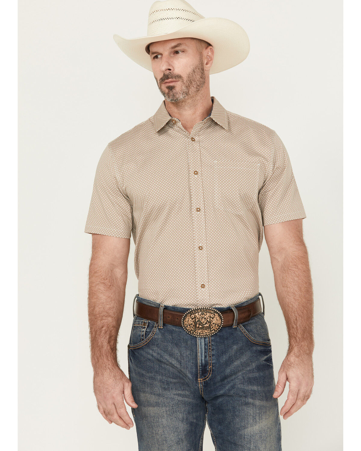 Image #1 - Cody James Men's Grill And Greet Geo Print Short Sleeve Button-Down Stretch Western Shirt - Tall, Tan, hi-res