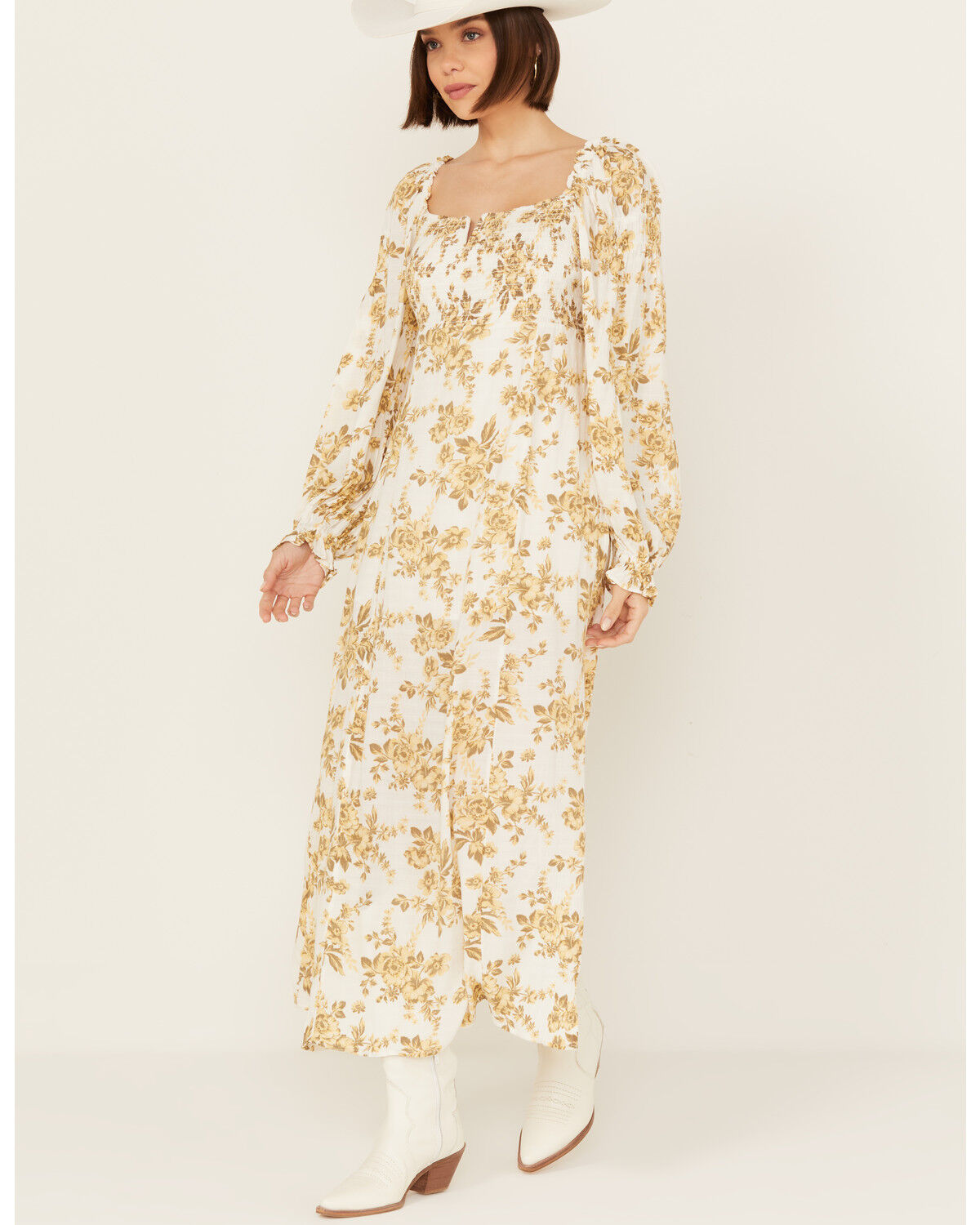 Image #1 - Free People Women's Jaymes Floral Print Long Sleeve Midi Dress, Yellow, hi-res