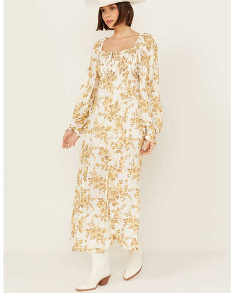 Free People Women's Jaymes Floral Print Long Sleeve Midi Dress , Yellow, hi-res