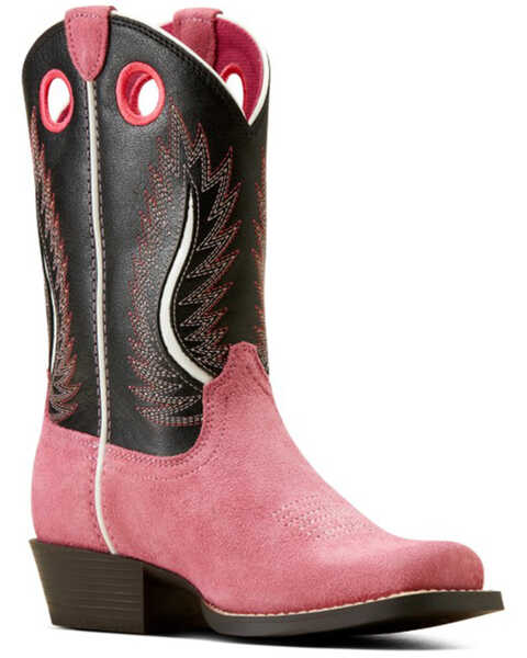 Image #1 - Ariat Girls' Futurity Fort Worth Roughout Western Boots - Broad Square Toe , Pink, hi-res