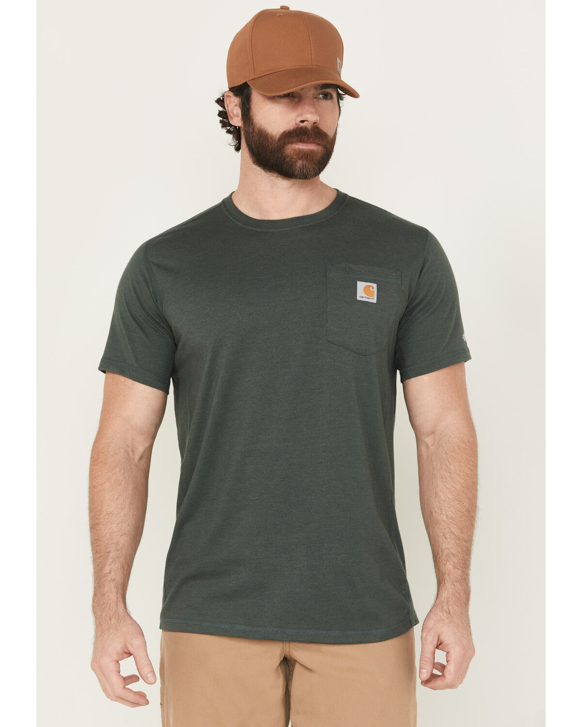Image #1 - Carhartt Men's Force Relaxed Midweight Logo Pocket Short Sleeve Work T-Shirt, Forest Green, hi-res
