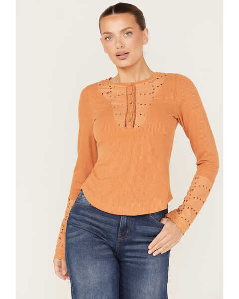 Image #1 - Miss Me Women's Eyelet Lace Ribbed Top, Rust Copper, hi-res