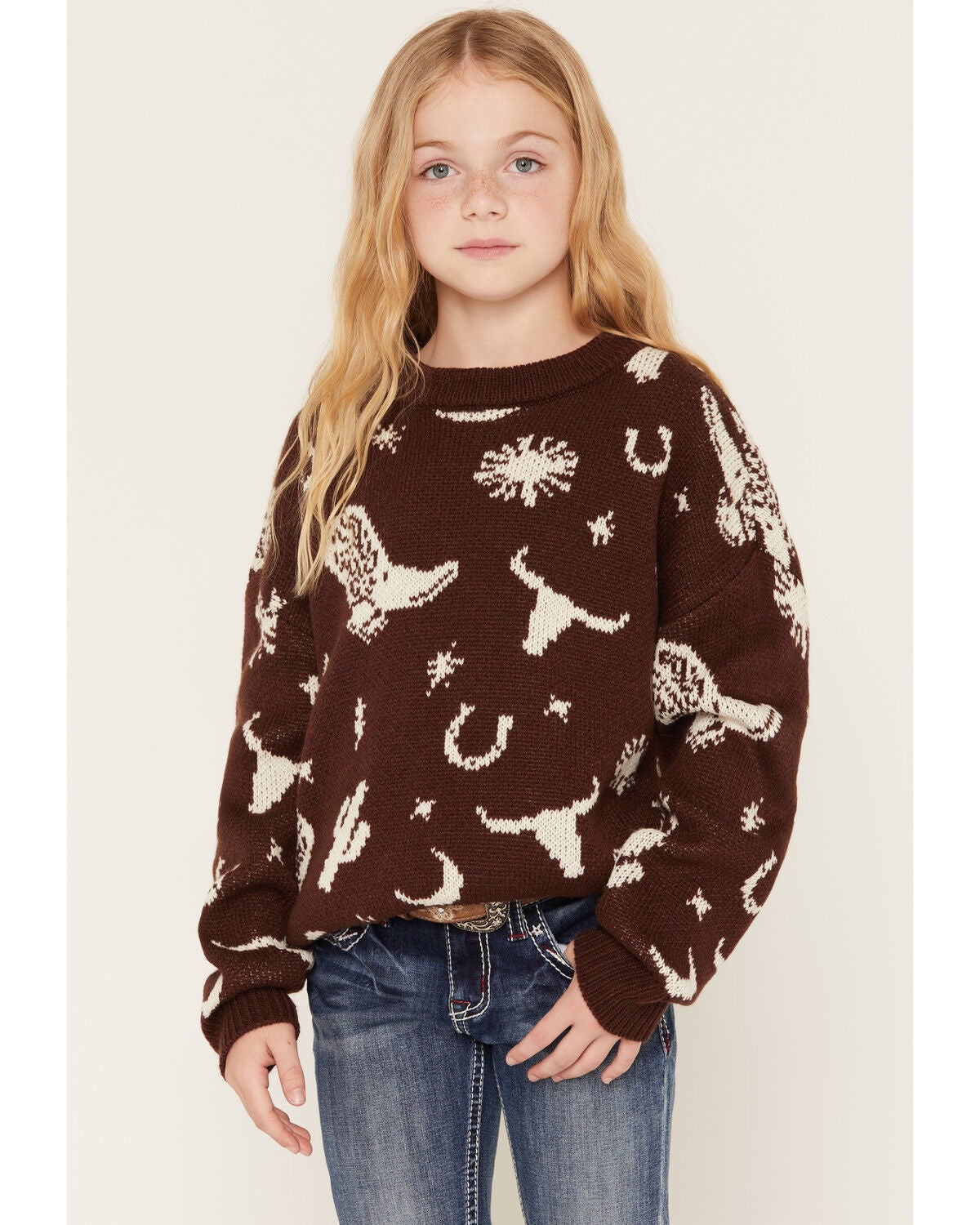 Rock & Roll Denim Girls' Western Print Sweater, Chocolate, hi-res