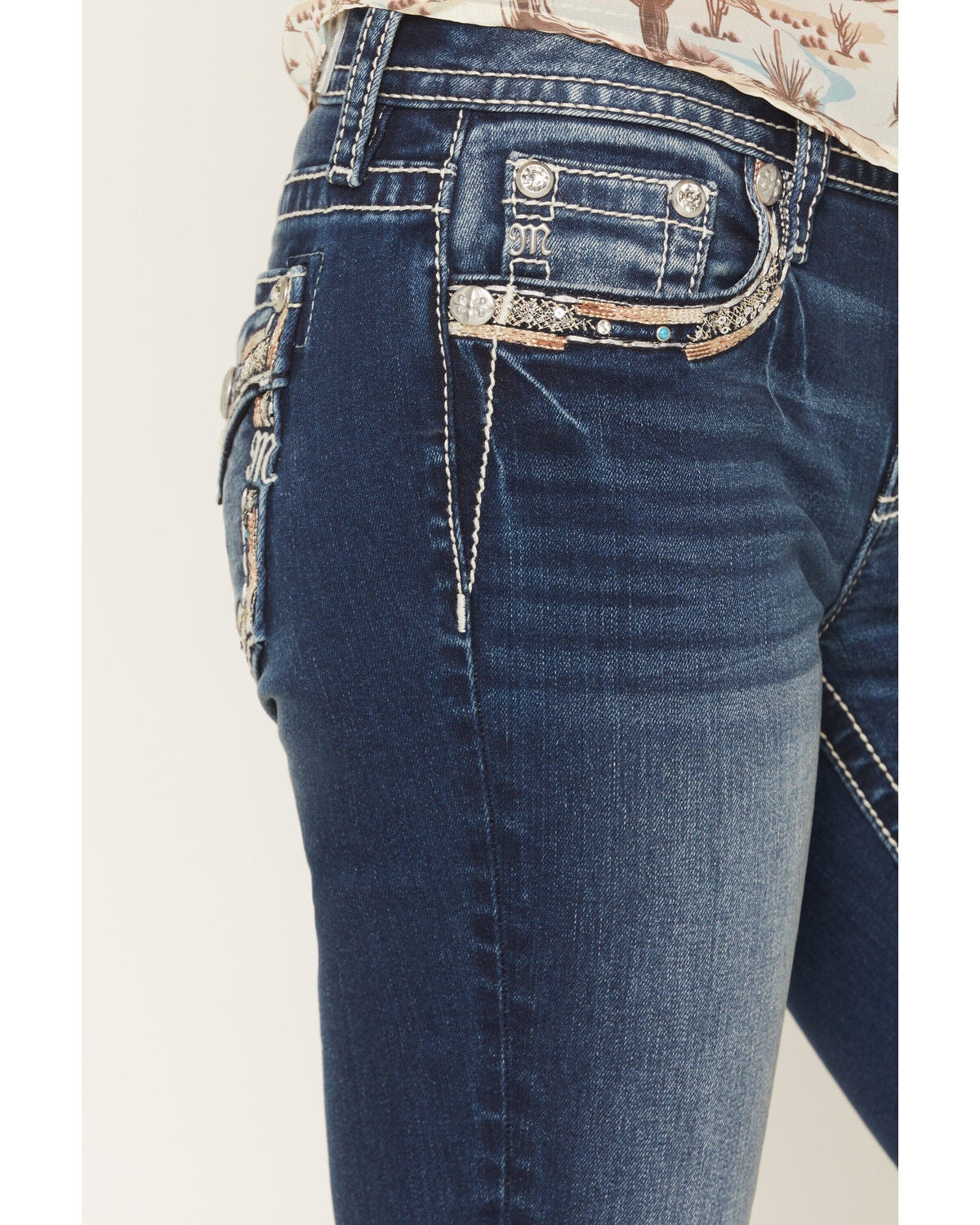 Image #4 - Miss Me Women's Medium Wash Mid Rise Border Pocket 34" Bootcut Stretch Denim Jeans, Medium Wash, hi-res